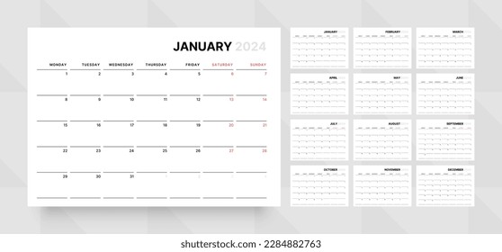 Monthly calendar template for 2024 year. Wall calendar grid in a minimalist style. Week Starts on Monday. Planner for 2024 year.