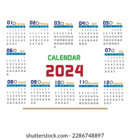 Monthly calendar template for 2024 year. Week Starts on Sunday. Wall calendar in a minimalist style. desk calendar template for 2024 with week start on Sunday.