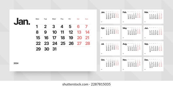 Monthly calendar template for 2024 year. Wall calendar grid in a minimalist style. Week Starts on Monday. 