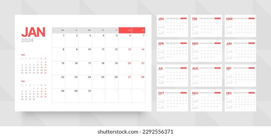 Modelo de calendario mensual para 2024 año. Cuadrícula de calendario de pared con un estilo minimalista. La semana empieza el lunes. Planificador para 2024 año.