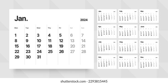 Monthly calendar template for 2024 year. Wall calendar grid in a minimalist style. Week Starts on Monday. 