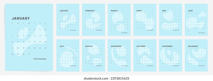 Monthly calendar template for 2024 year. Week Starts on Sunday. Wall calendar with abstract design.