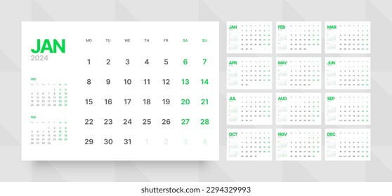 Monthly calendar template for 2024 year. Wall calendar grid in a minimalist style. Week Starts on Monday. Planner for 2024 year.