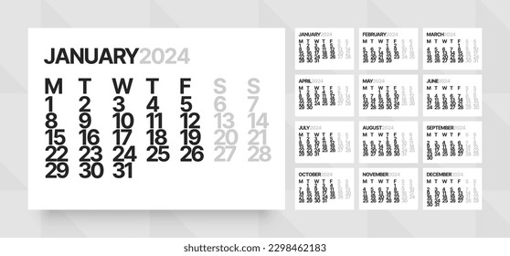Monthly calendar template for 2024 year. Wall calendar grid in a minimalist style. Week Starts on Monday. 