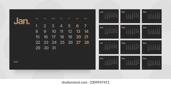 Monthly calendar template for 2024 year. Horizontal calendar grid in black and dark color. Week Starts on Monday. 