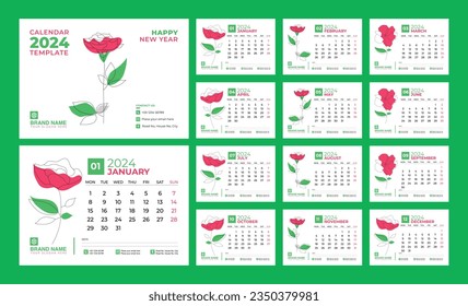 Monthly calendar template for 2024 year. Set of 12 Months