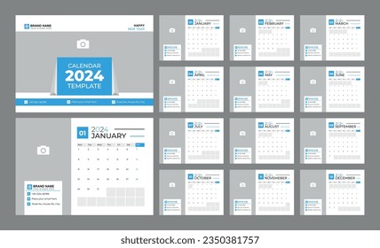 Monthly calendar template for 2024 year. Desk Calendar template design with Place for Photo and Company Logo. Set of 12 Months