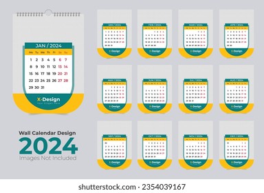 Monthly calendar template for 2024 year.  Simple monthly vertical wall and desk top calendar Layout for 2024 year in English.