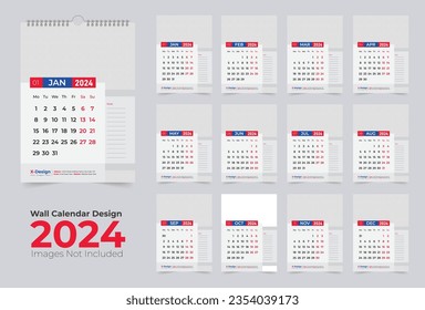 Monthly calendar template for 2024 year.  Simple monthly vertical wall and desk top calendar Layout for 2024 year in English.