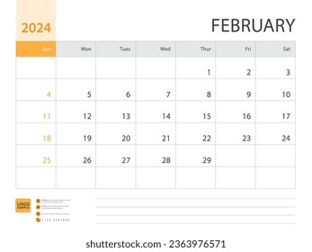 Monthly calendar template for 2024 year, February design, Planner, Desk calendar 2024 design, Week Starts on Sunday, Wall calendar 2024 design in a minimalist style, printing media, vector eps10