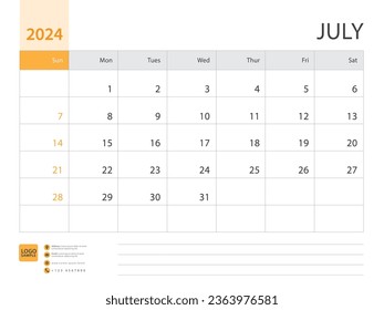 Monthly calendar template for 2024 year, July design, Planner, Desk calendar 2024 design, Week Starts on Sunday, Wall calendar 2024 design in a minimalist style, printing media, vector eps10