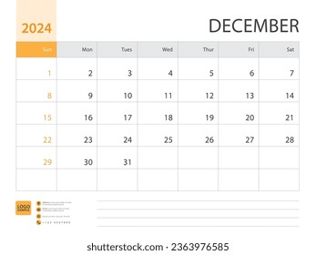 Monthly calendar template for 2024 year, December design, Planner, Desk calendar 2024 design, Week Starts on Sunday, Wall calendar 2024 design in a minimalist style, printing media, vector eps10
