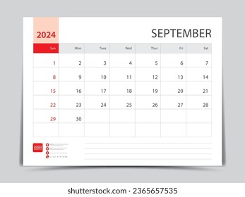 Monthly calendar template for 2024 year, September design, Planner, Desk calendar 2024 design, Week Starts on Sunday, Wall calendar design in a minimalist style, printing media, vector eps10