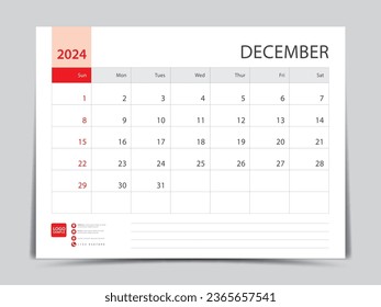 Monthly calendar template for 2024 year, December design, Planner, Desk calendar 2024 design, Week Starts on Sunday, Wall calendar design in a minimalist style, printing media, vector eps10