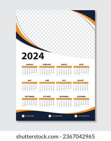 Monthly calendar template for 2024 year. Week Starts on Sunday. Wall calendar template design.