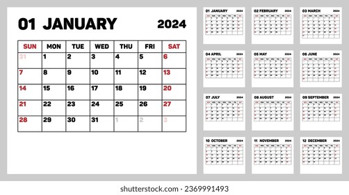 Monthly calendar template for 2024 year. Week Starts on Sunday. Wall calendar in minimalist style. Set of 12 months. Corporate Planner Template. A4 format horizontal