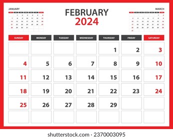 Monthly calendar template for 2024 year - February 2024  year, Week Starts on Sunday, Desk calendar 2024 design, Wall calendar, planner design, stationery, printing media, red background, vector