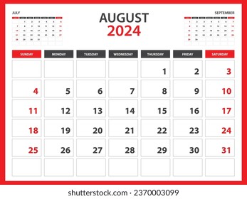 Monthly calendar template for 2024 year August 2024  year, Week Starts on Sunday, Desk calendar 2024 design, Wall calendar, planner design, stationery, printing media, red background, vector