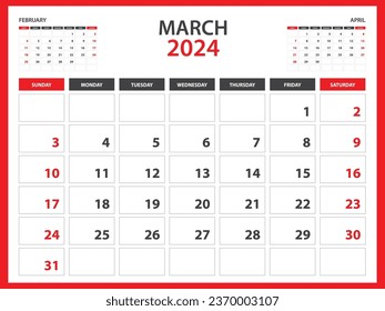 Monthly calendar template for 2024 year March 2024  year, Week Starts on Sunday, Desk calendar 2024 design, Wall calendar, planner design, stationery, printing media, red background, vector