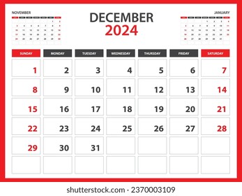 Monthly calendar template for 2024 year December 2024  year, Week Starts on Sunday, Desk calendar 2024 design, Wall calendar, planner design, stationery, printing media, red background, vector