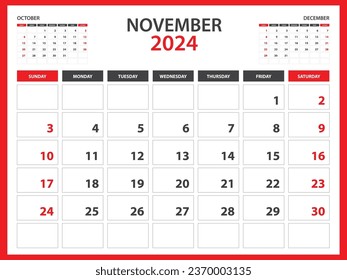 Monthly calendar template for 2024 year November 2024  year, Week Starts on Sunday, Desk calendar 2024 design, Wall calendar, planner design, stationery, printing media, red background, vector