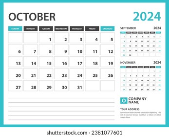 Monthly calendar template for 2024 year. October 2024 year, Week Starts on Sunday, Desk calendar 2024 design, Wall calendar, planner design, stationery, printing media, advertisement, vector