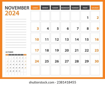Monthly calendar template for 2024 year -November 2024  year, Week Starts on Sunday, Desk calendar 2024 design, Wall calendar, planner design, stationery, printing media, Orange background, vector