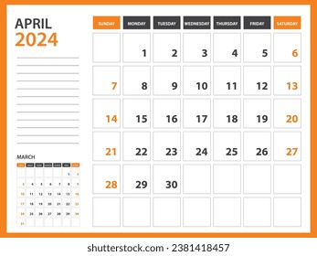 Monthly calendar template for 2024 year - April 2024  year, Week Starts on Sunday, Desk calendar 2024 design, Wall calendar, planner design, stationery, printing media, Orange background, vector