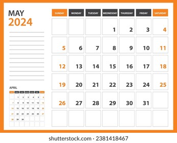 Monthly calendar template for 2024 year - May 2024  year, Week Starts on Sunday, Desk calendar 2024 design, Wall calendar, planner design, stationery, printing media, Orange background, vector