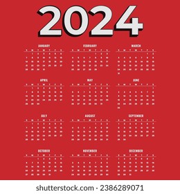 Monthly calendar template for 2024 year. Wall calendar in a minimalist style. Week Starts on Sunday. Planner for 2024 year.

