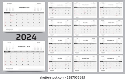 Monthly calendar template for 2024 year. Week Starts on Sunday. Set Desk Calendar 2023 template Creative design