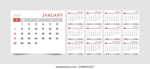 Monthly calendar template for 2024 year with minimalist style. vector illustration