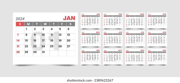 Monthly calendar template for 2024 year with minimalist style. vector illustration