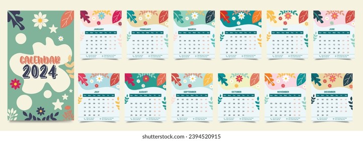 Monthly calendar template for the 2024 year, 12 months, minimalist style, floral calendar	
