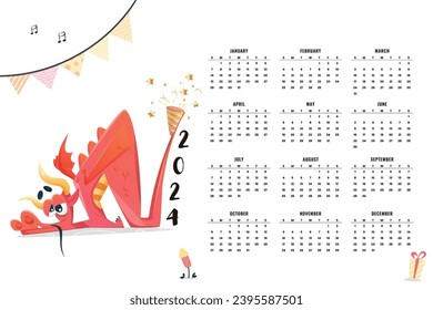 Monthly calendar template for 2024 year. Wall calendar in a minimalist style. Week Starts on Sunday. Planner for 2024 year.