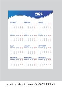 Monthly calendar template for 2024 year. Wall calendar in a minimalist style. Week Starts on Sunday. Planner for 2024 year.2024 simple calender design.