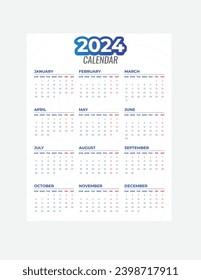 Monthly calendar template for 2024 year. Wall calendar in a minimalist style. Week Starts on Sunday. Planner for 2024 year.