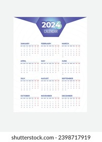 Monthly calendar template for 2024 year. Wall calendar in a minimalist style. Week Starts on Sunday. Planner for 2024 year.