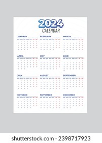 Monthly calendar template for 2024 year. Wall calendar in a minimalist style. Week Starts on Sunday. Planner for 2024 year.