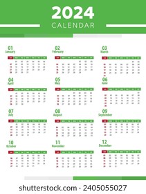 Monthly calendar template for 2024 year. Wall calendar in a minimalist style. Week Starts on Sunday. Planner for 2024 year.