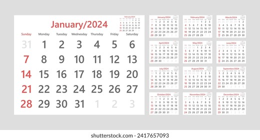 Monthly calendar template for the 2024 year. Wall calendar in a minimalist style. Desk calendar. The week starts on Sunday. Planner for the 2024 year. Vector illustration