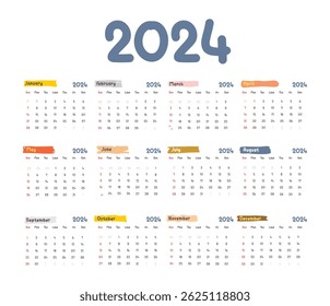 Monthly calendar template for 2024 year. Wall calendar in a minimalist style. Week Starts on Sunday. Planner for 2024 year.