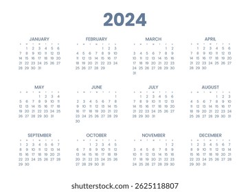 Monthly calendar template for 2024 year. Wall calendar in a minimalist style. Week Starts on Sunday. Planner for 2024 year.