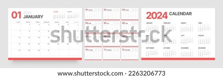 Monthly calendar template for 2024 year. Wall calendar in a minimalist style. Week Starts on Sunday. Planner for 2024 year.