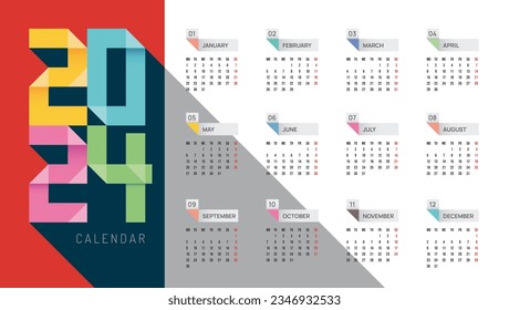 Monthly calendar template for 2024 year.vector