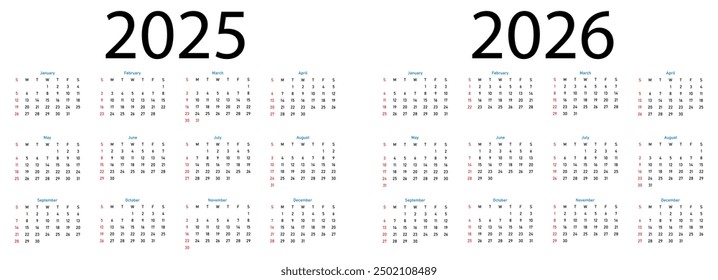 Monthly calendar template for 2025 and 2026 years. Week Start on Sunday
