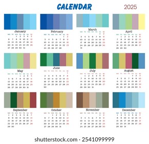 Monthly calendar template 2025. Modern calendar, organizer, planner, vector background for posters, calendars, greetings. Calendar 2025 with color scheme, palette of each month.
