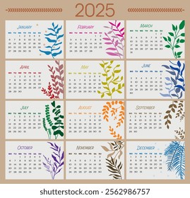 Monthly calendar template 2025. Modern color calendar with plants, organizer, planner, vector background for posters, calendars, greetings. Vector illustration