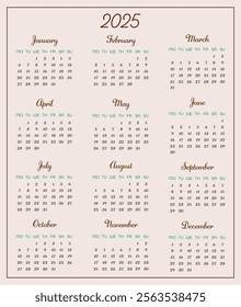 Monthly calendar template 2025. Modern calendar, organizer, planner, vector background for posters, calendars, greetings. Vector illustration