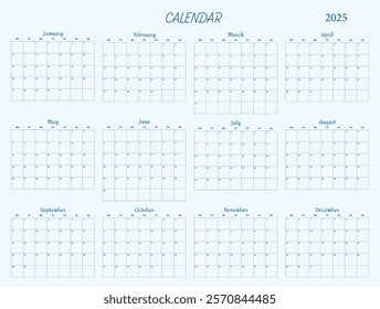 Monthly calendar template 2025. Modern calendar, organizer, planner with fields for notes, vector background for posters, calendars, greetings. Vector illustration